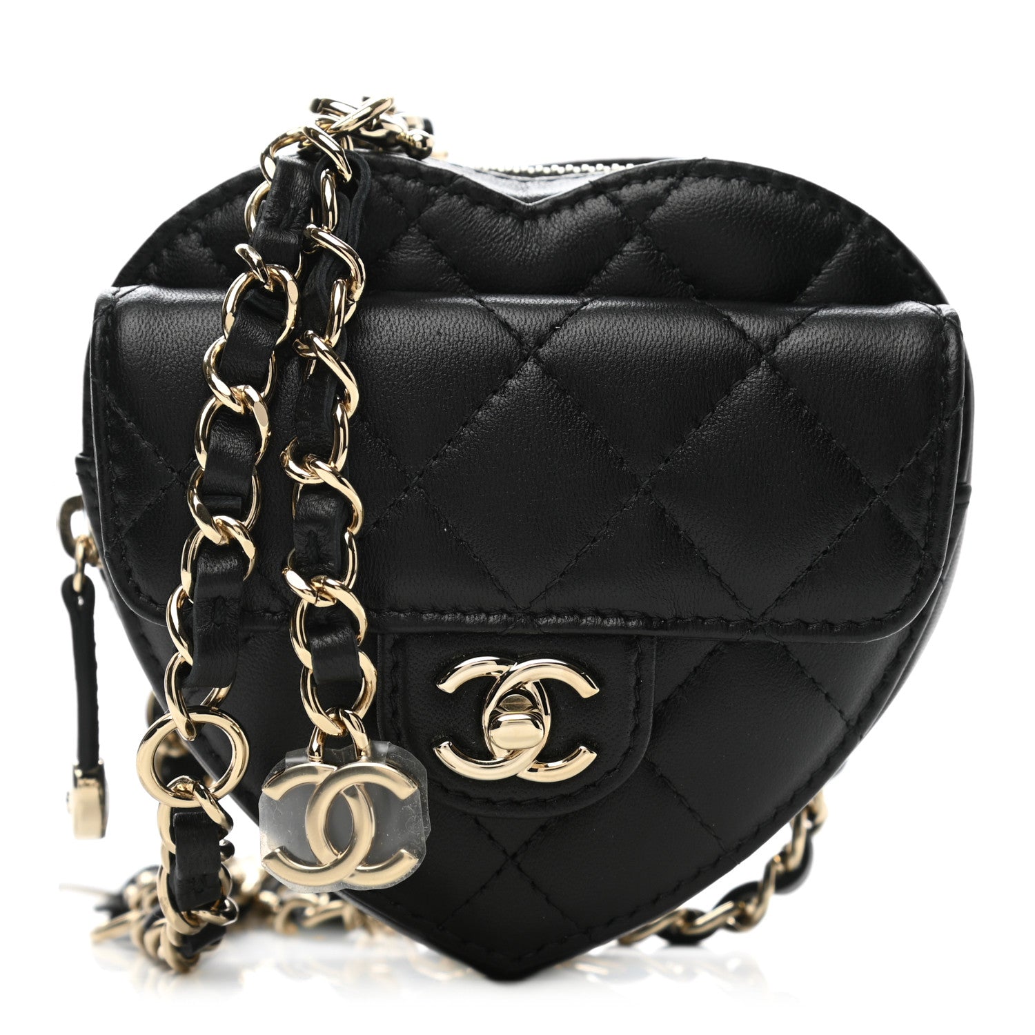 Chanel Lambskin Quilted CC In Love Heart Waist Belt Bag With Chain Black 1 of 11