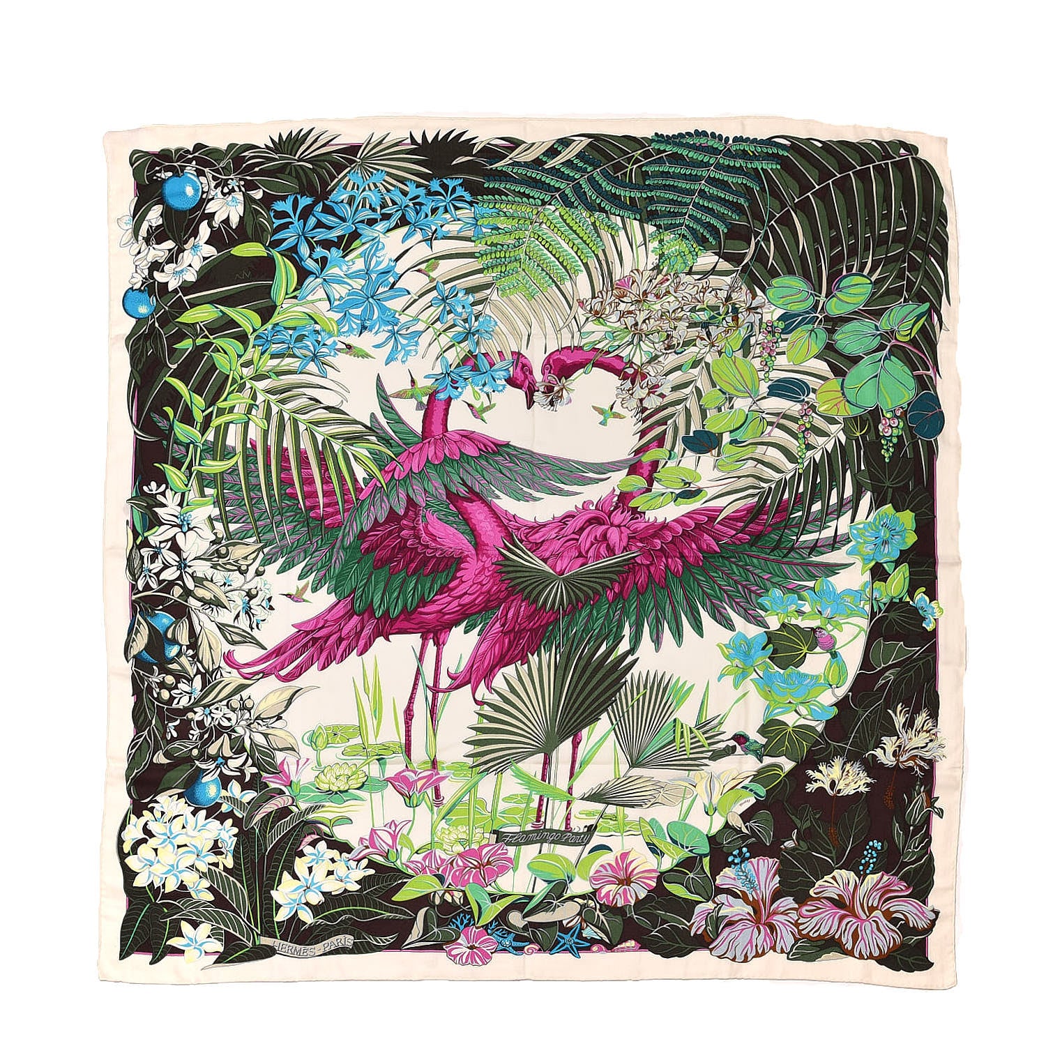 Hermes Cashmere Silk Flamingo Party Shawl 140 Blanc Vert Fuchsia 1 of 8