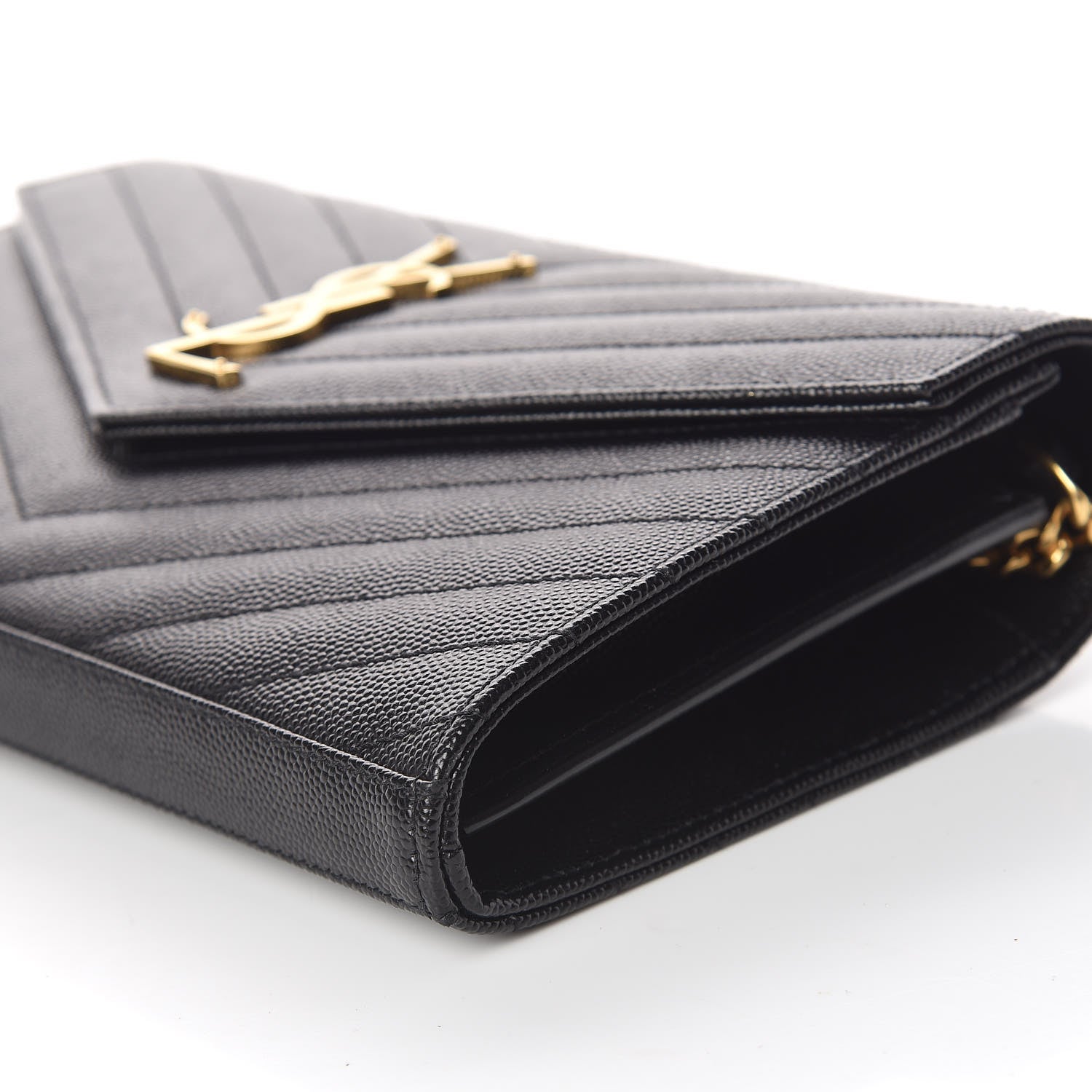 Saint Laurent Grain De Poudre Matelasse Chevron Monogram Chain Wallet Black 7 of 10