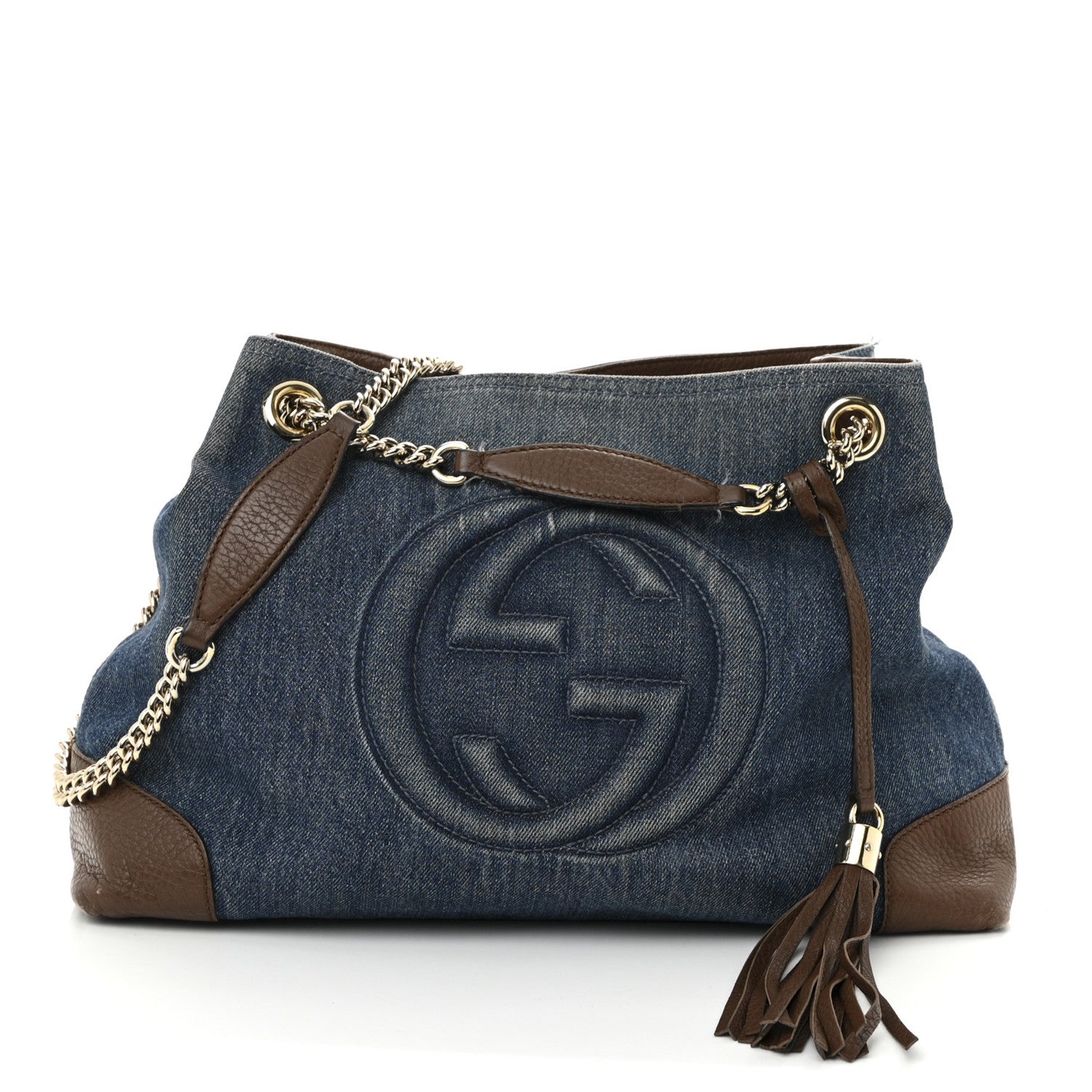 Gucci Denim Pebbled Calfskin Medium Soho Chain Shoulder Bag Blue Brown 1 of 9
