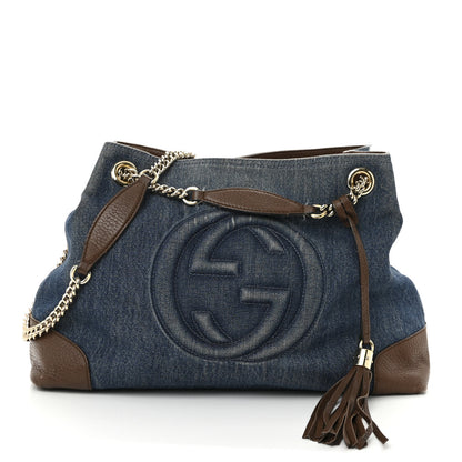 Gucci Denim Pebbled Calfskin Medium Soho Chain Shoulder Bag Blue Brown 1 of 9