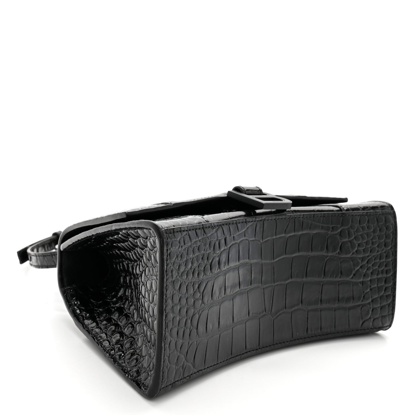 Shiny Calfskin Monochrome Crocodile Embossed Small Hourglass Top Handle Bag Black