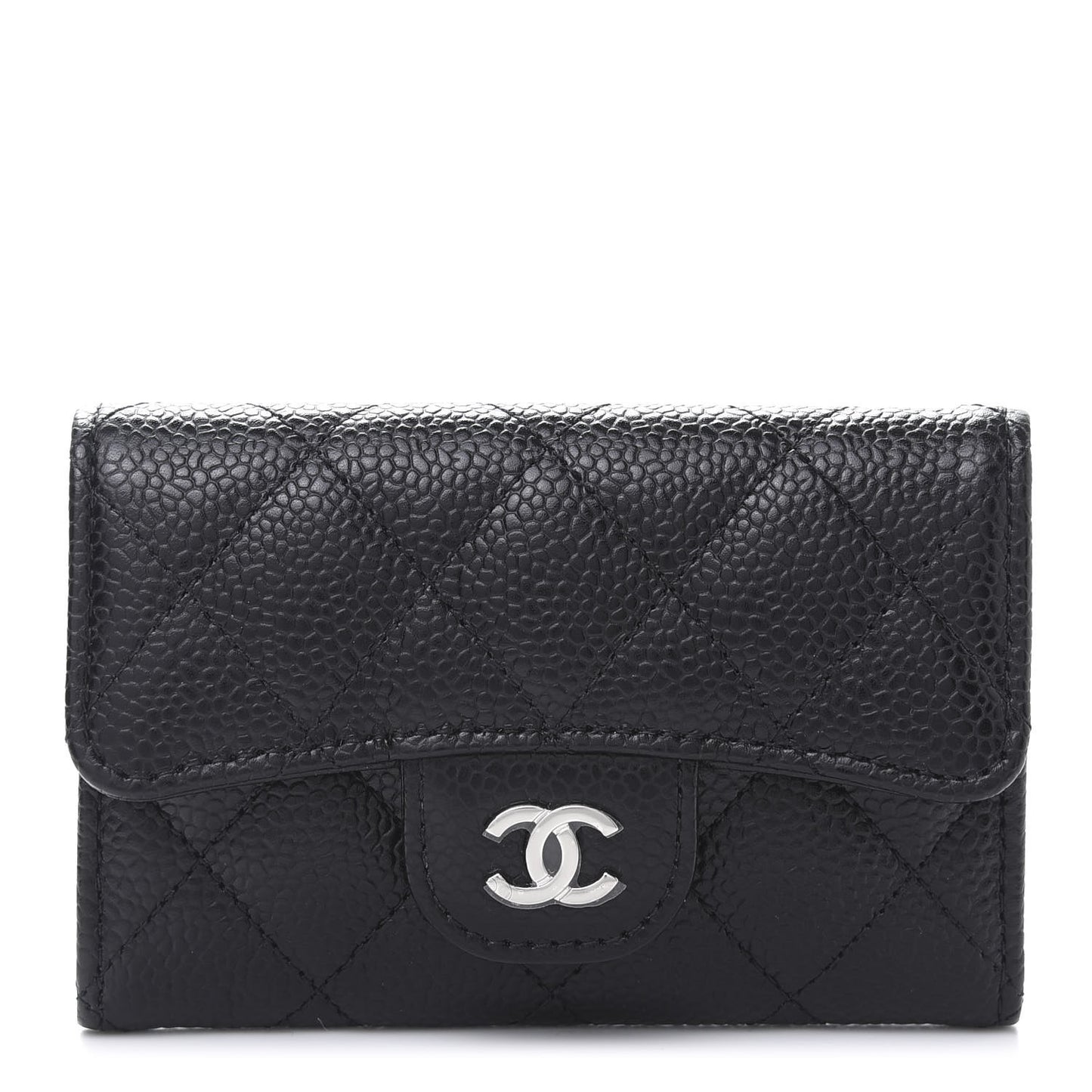 Caviar Quilted Flap Card Holder Wallet Black