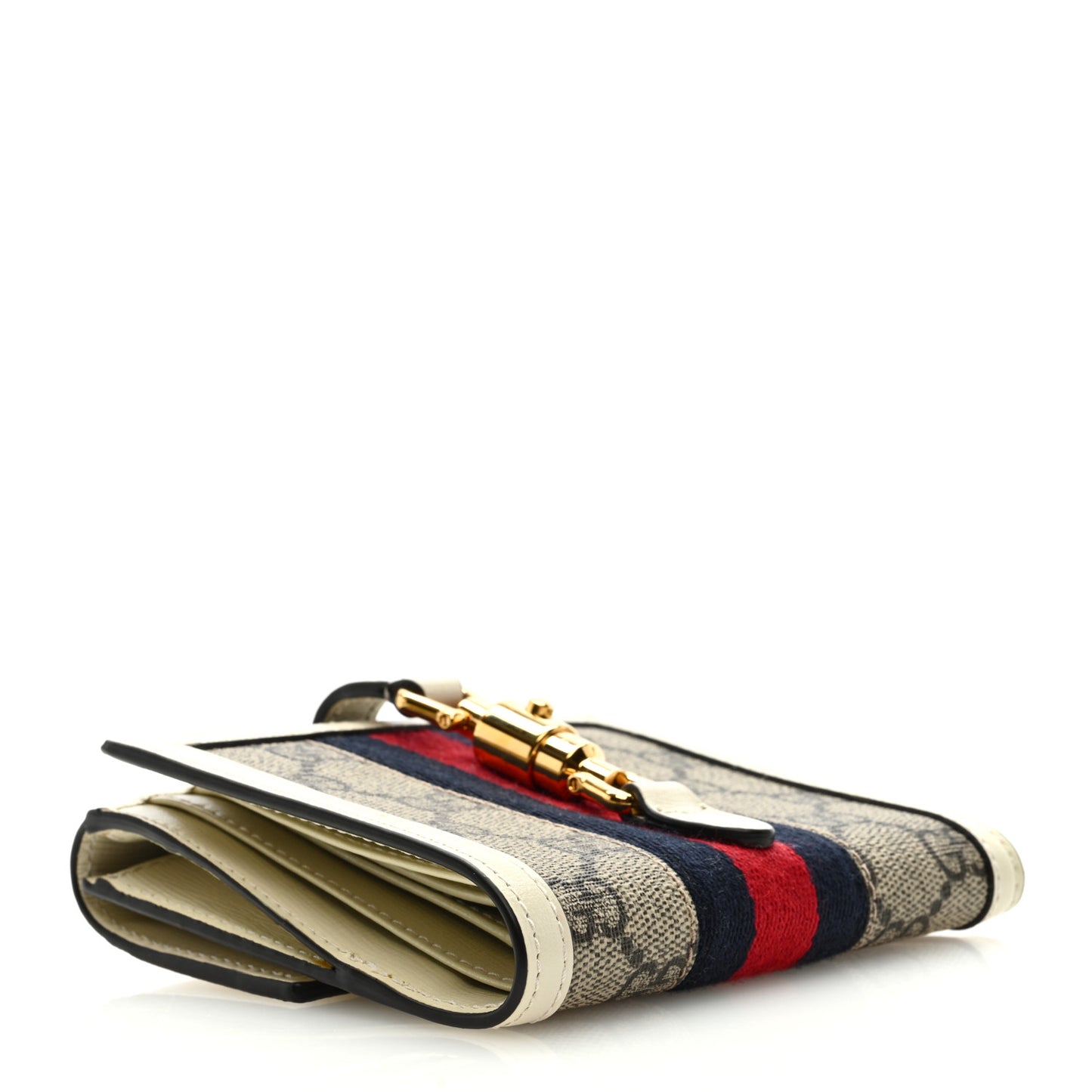 GG Supreme Monogram Textured Calfskin Web Jackie 1961 French Flap Wallet Beige Ebony Mystic White