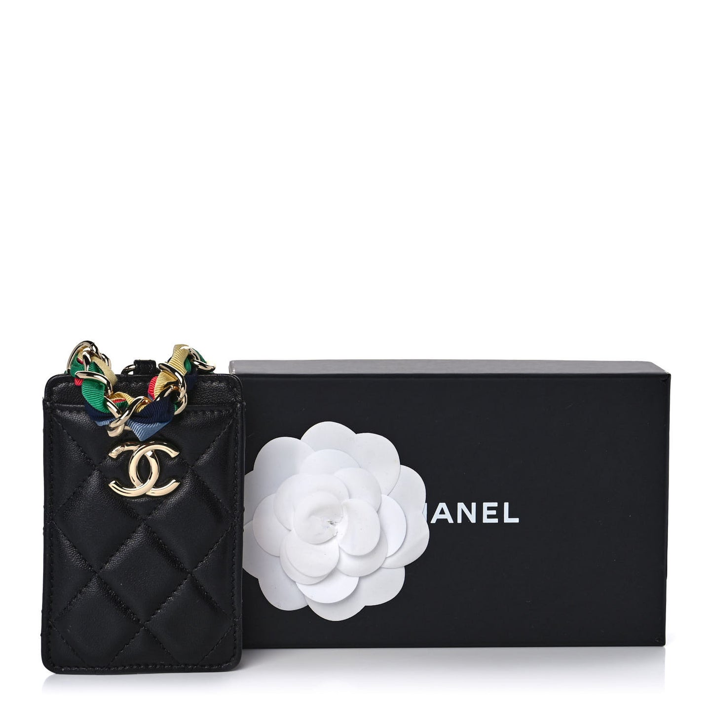 Shiny Lambskin Ribbon Quilted Card Holder On Chain Black