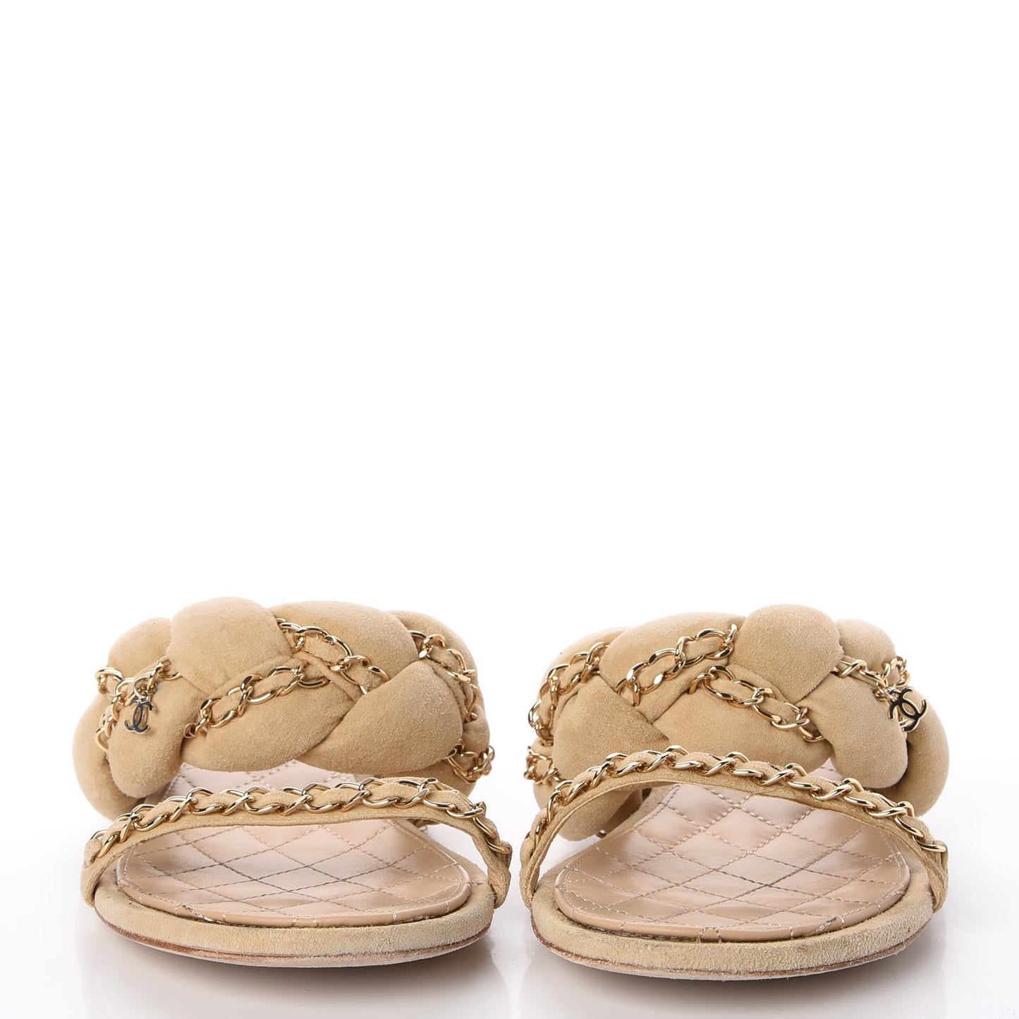 Kid Suede Braided Chain CC Slide Flat Sandals 38 Beige