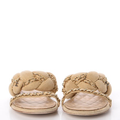 Chanel Kid Suede Braided Chain CC Slide Flat Sandals 38 Beige 2 of 18