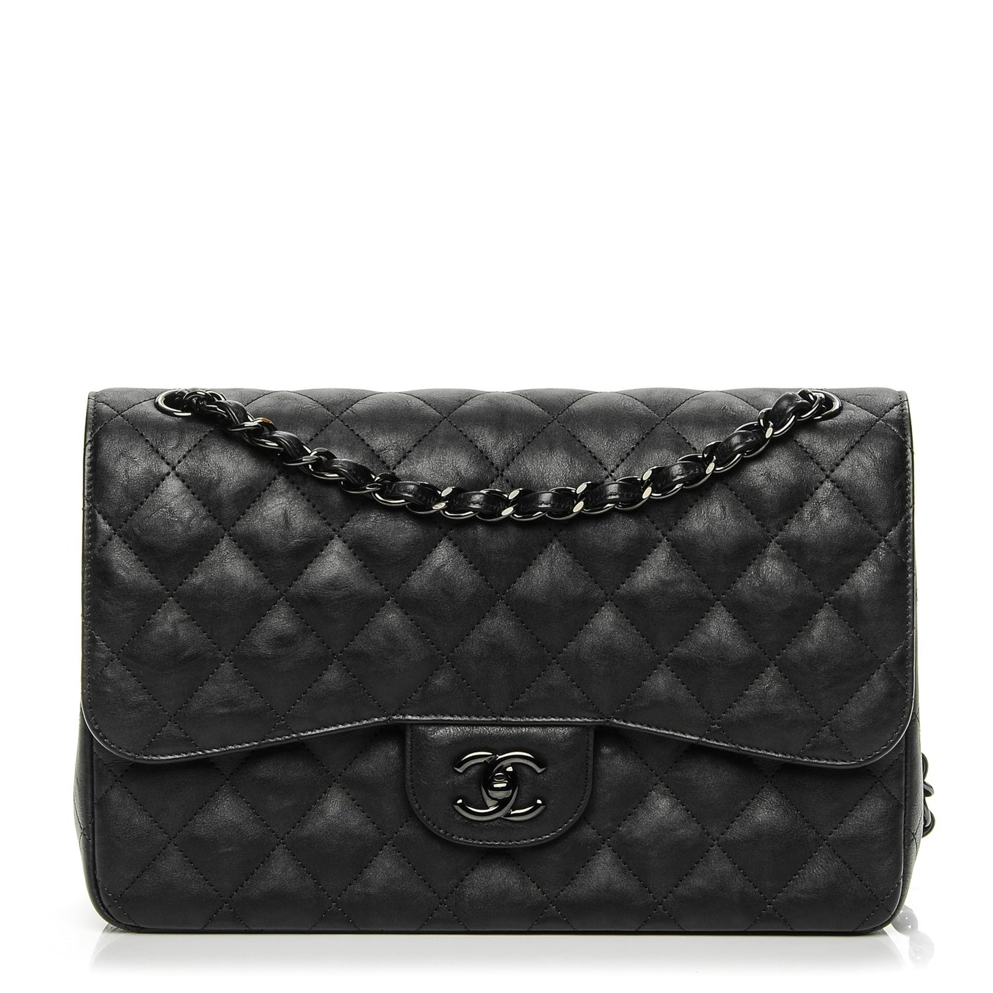 Crumpled Calfskin Quilted Jumbo Double Flap So Black