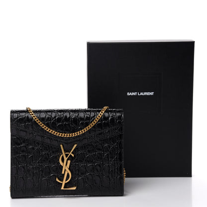 Saint Laurent Calfskin Crocodile Embossed Monogram Cassandra Chain Wallet Black 10 of 10