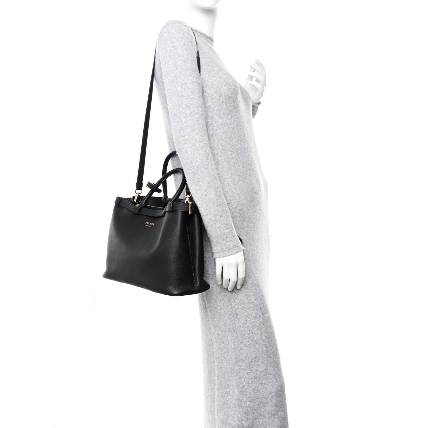 Soft Grain Calfskin Medium Double Belt Tote Black