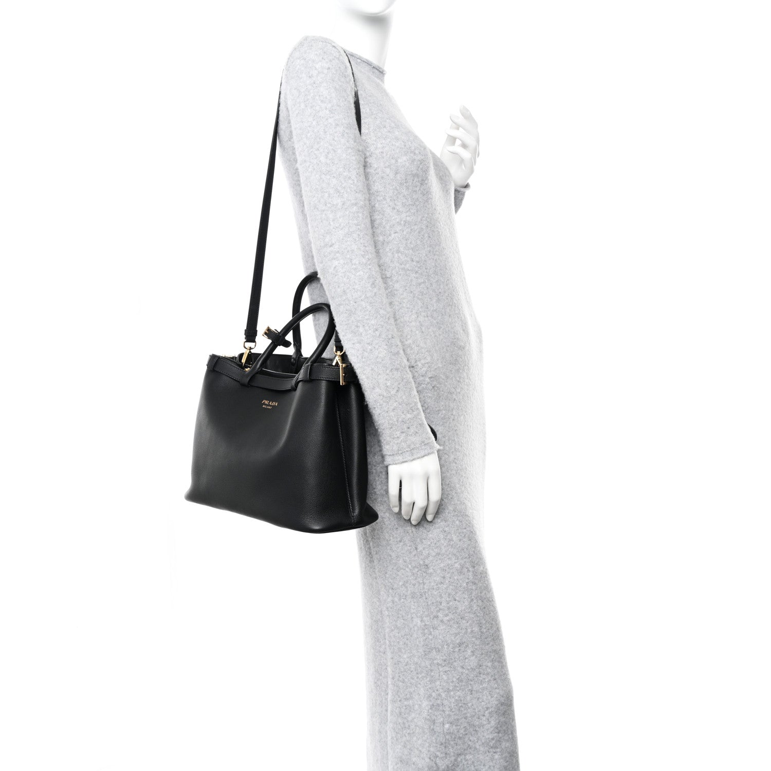 Prada Soft Grain Calfskin Medium Double Belt Tote Black 3 of 9