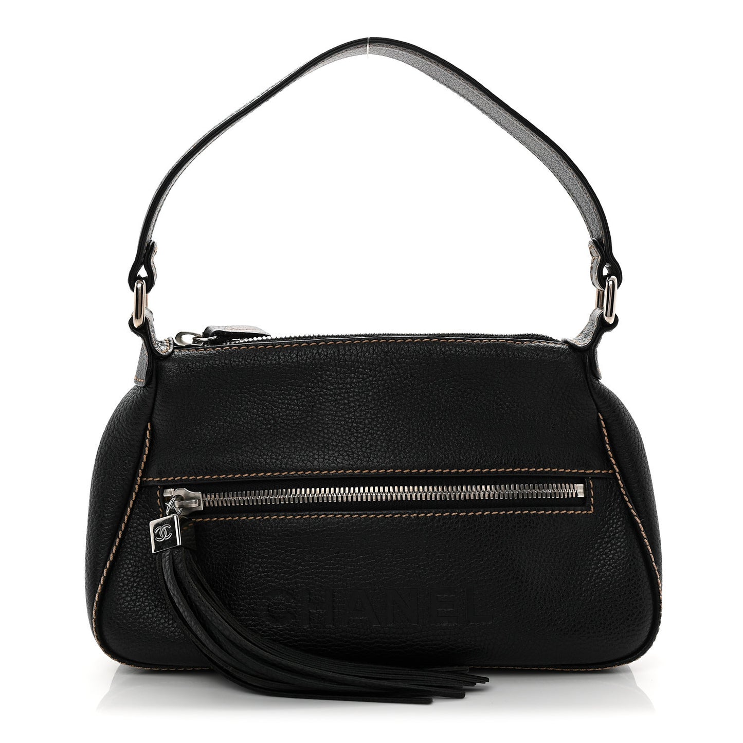 Grained Calfskin Tassel Shoulder Bag Black