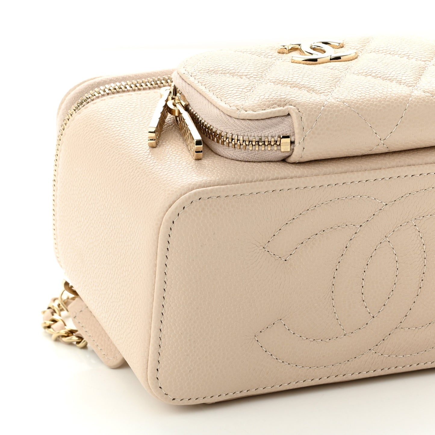 Caviar Quilted Top Handle Pocket Vanity Case Beige