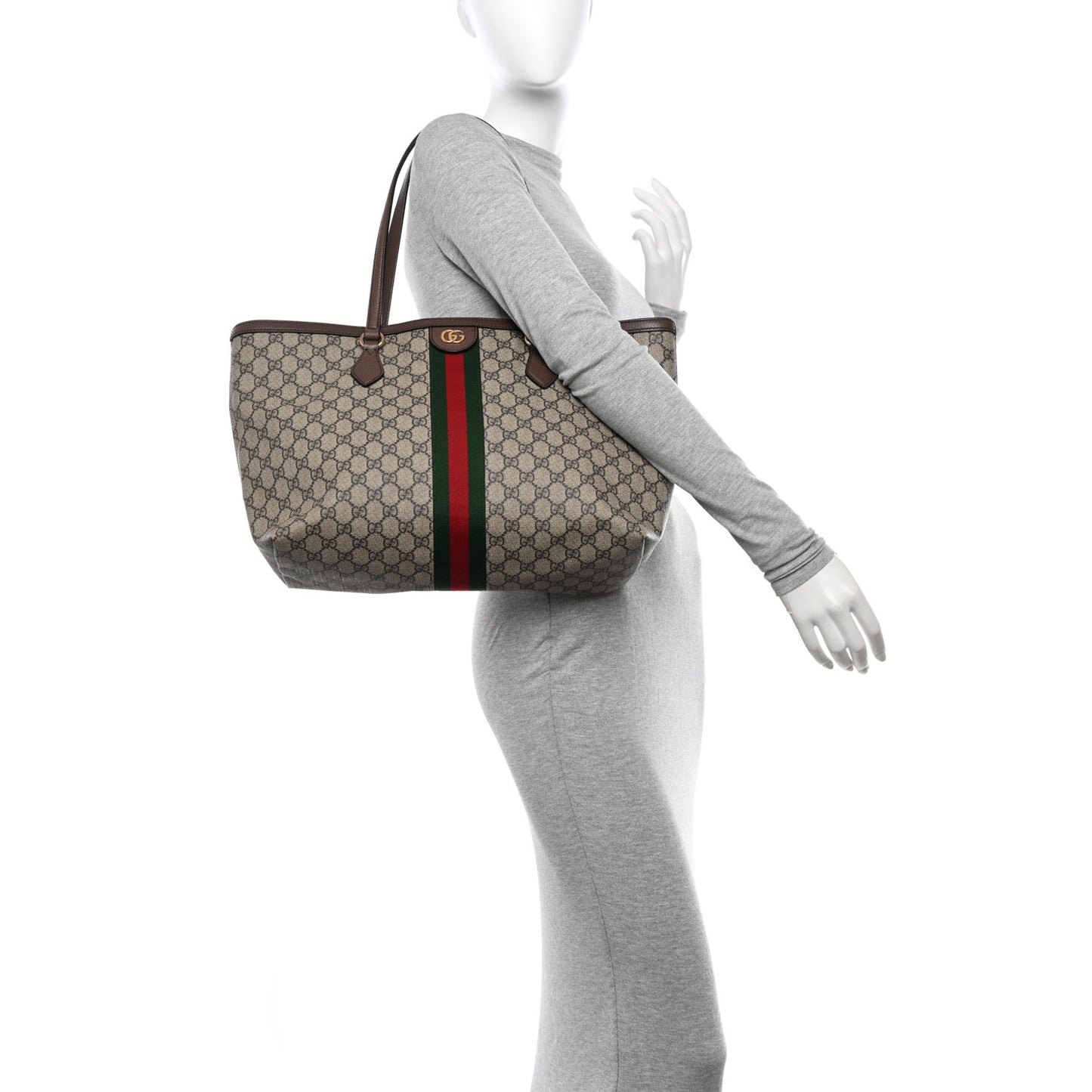 GG Supreme Monogram Textured Calfskin Web Medium Ophidia Shopping Tote Beige Ebony New Acero