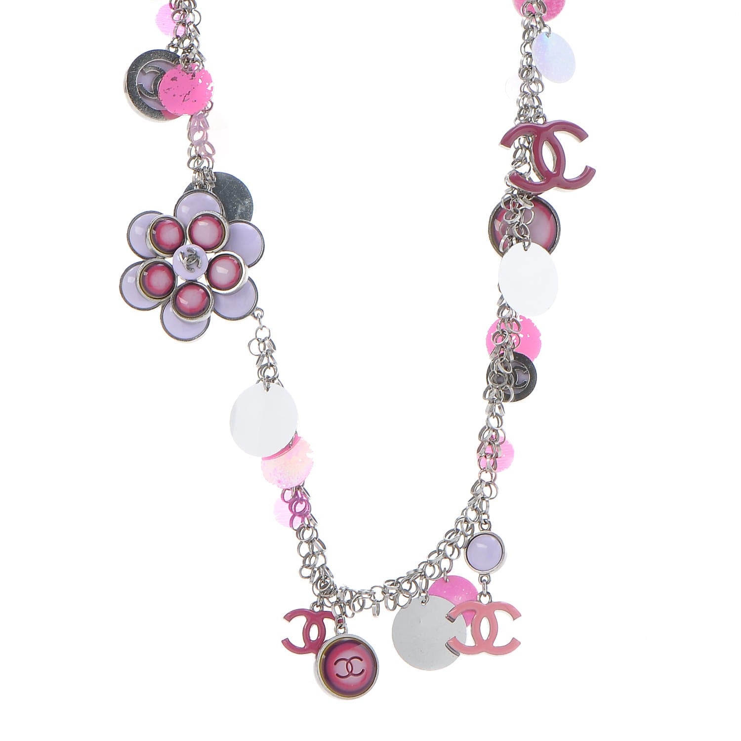 Chanel Enamel Plastic Flower Disc CC Necklace Pink Silver 1 of 12