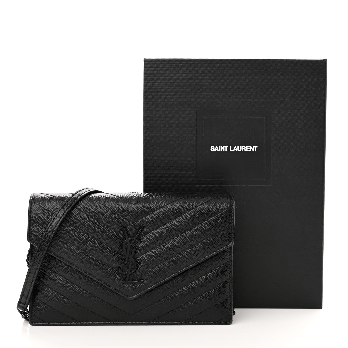 Grain De Poudre Matelasse Chevron Monogram Monochrome Envelope Chain Wallet Black