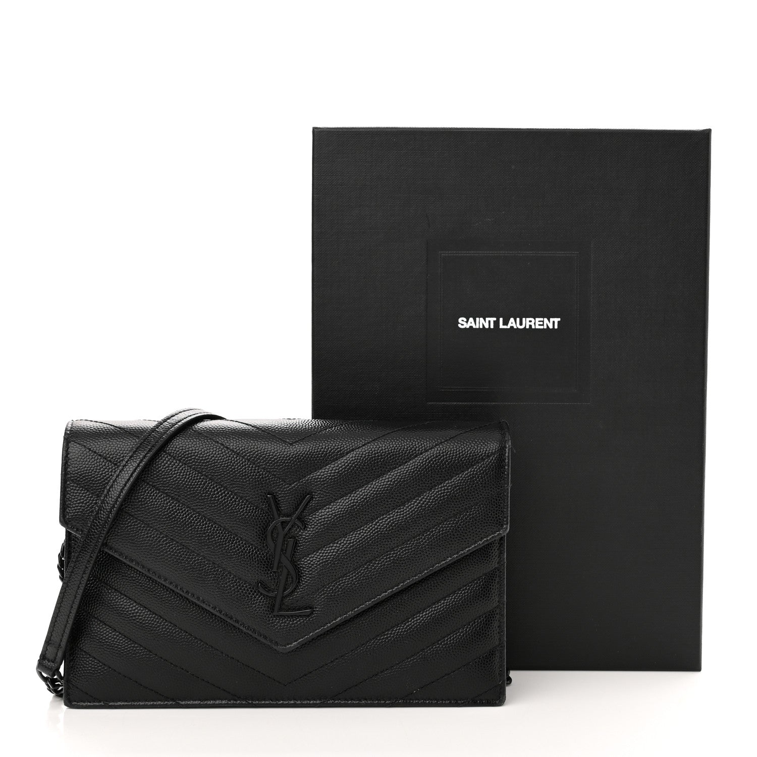 Saint Laurent Grain De Poudre Matelasse Chevron Monogram Monochrome Envelope Chain Wallet Black 11 of 11