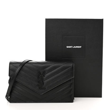 Saint Laurent Grain De Poudre Matelasse Chevron Monogram Monochrome Envelope Chain Wallet Black 11 of 11