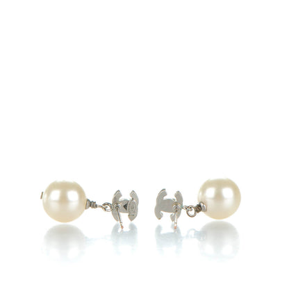 Chanel Crystal Pearl CC Drop Earrings Silver 3 of 5
