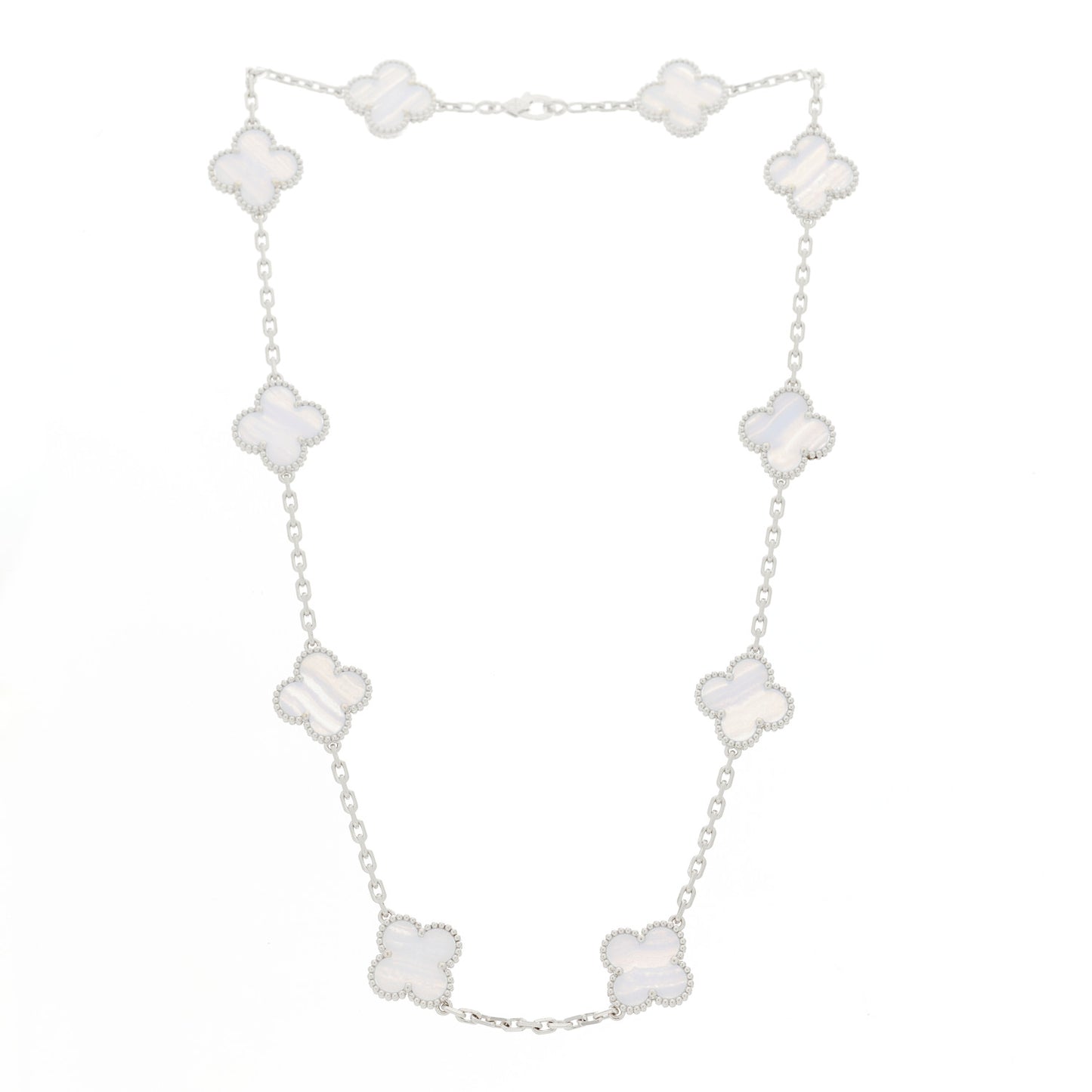 18K White Gold Chalcedony 10 Motifs Vintage Alhambra Necklace
