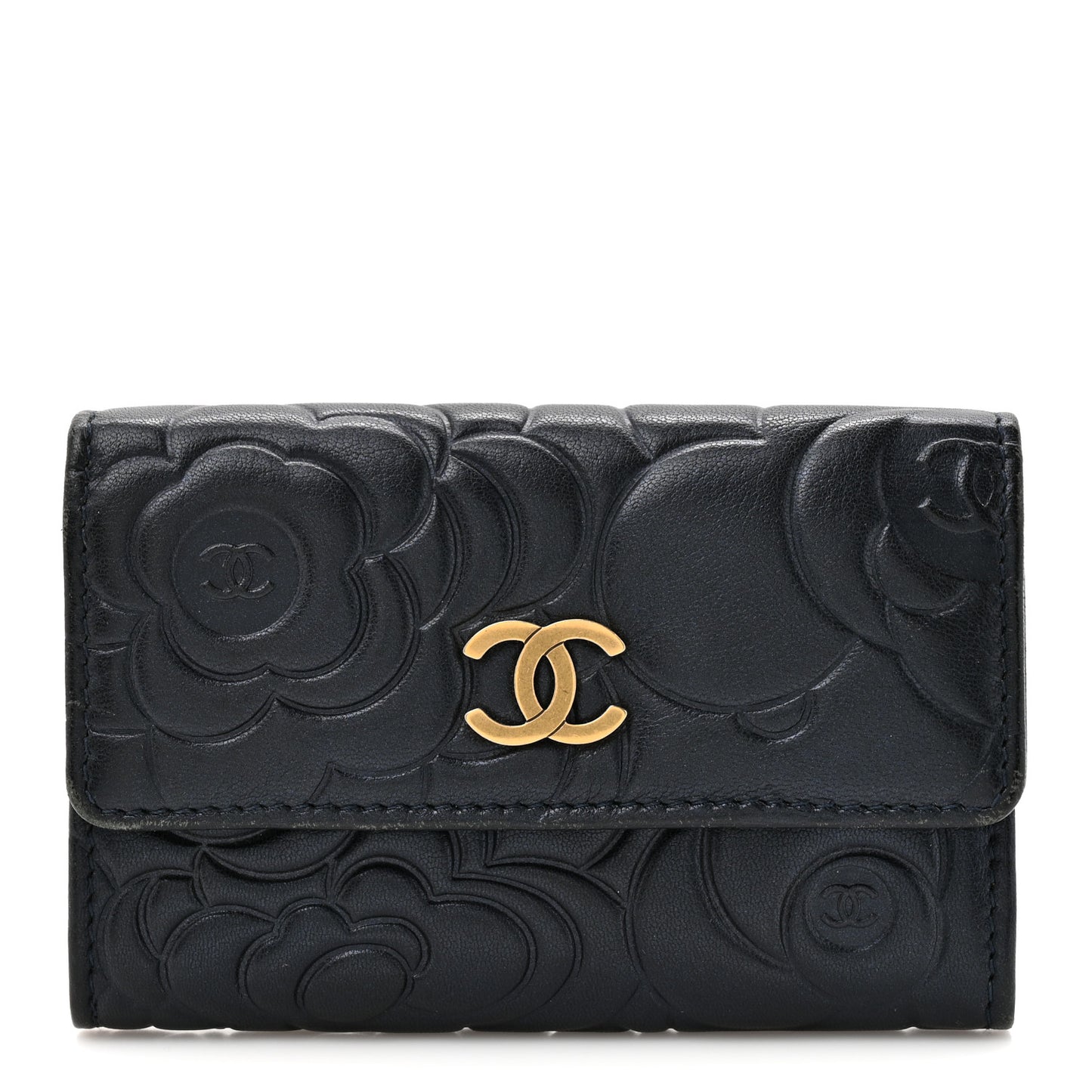 Lambskin Camellia Embossed Flap Card Holder Navy