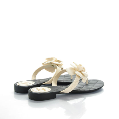 Chanel Jelly Quilted Camellia Thong Sandals 39 Black White 4 of 6