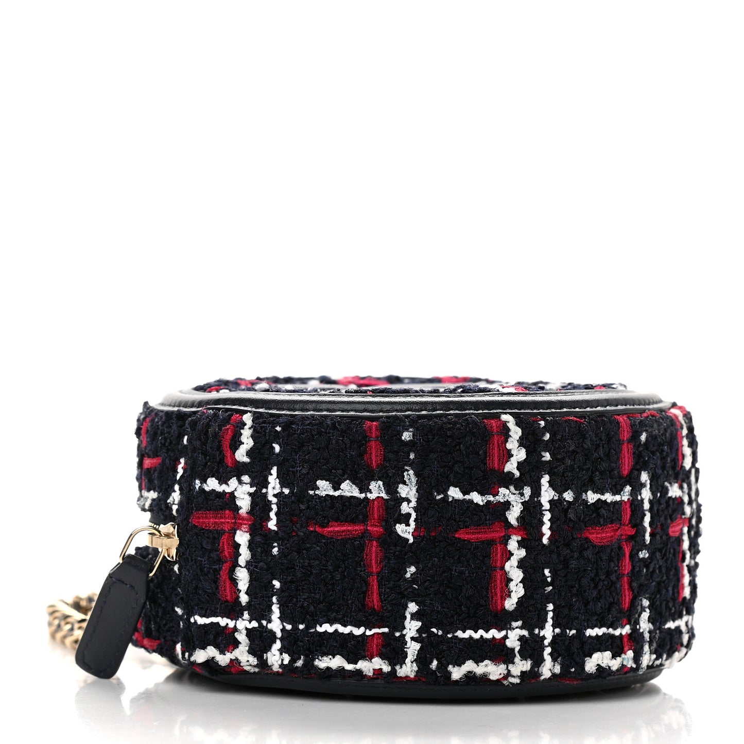 Tweed Quilted Round Filigree Clutch With Chain Navy Blue