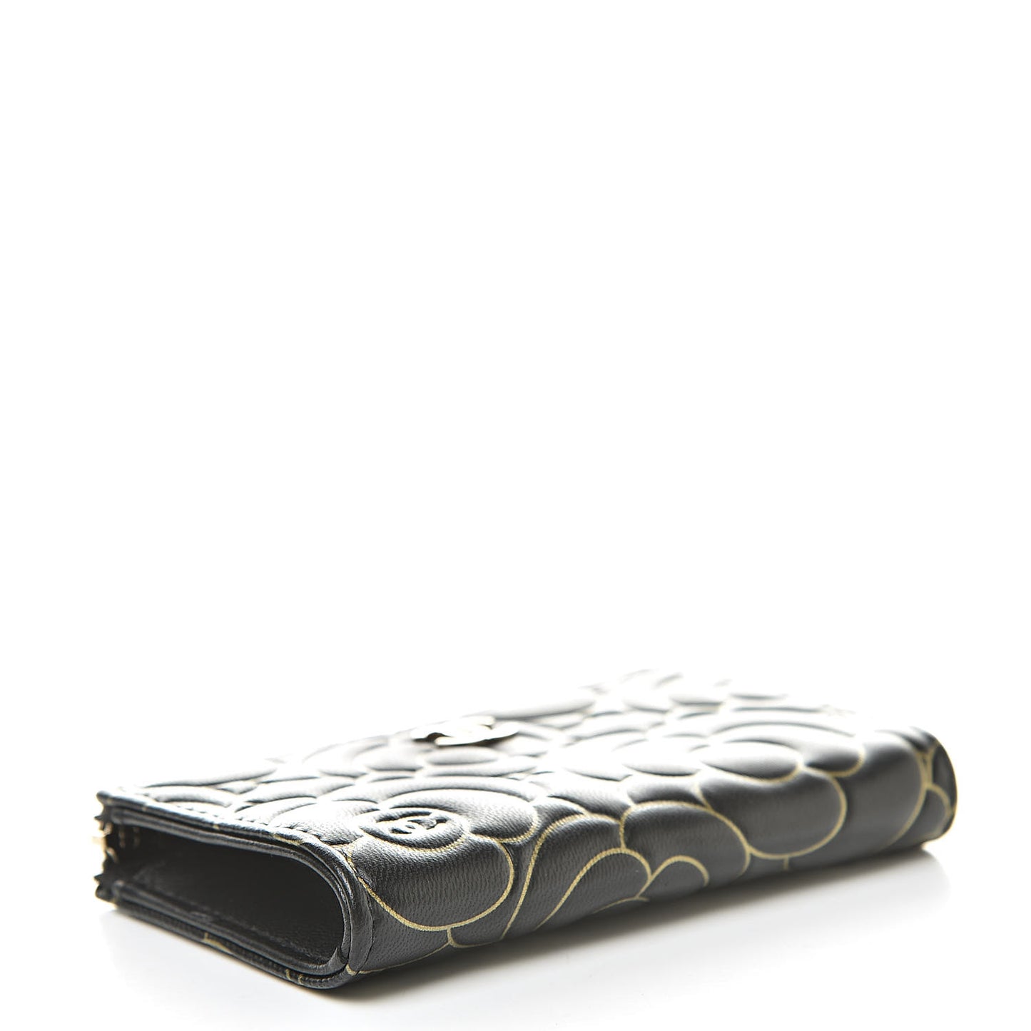 Lambskin Camellia Embossed Key Holder Case Black Gold
