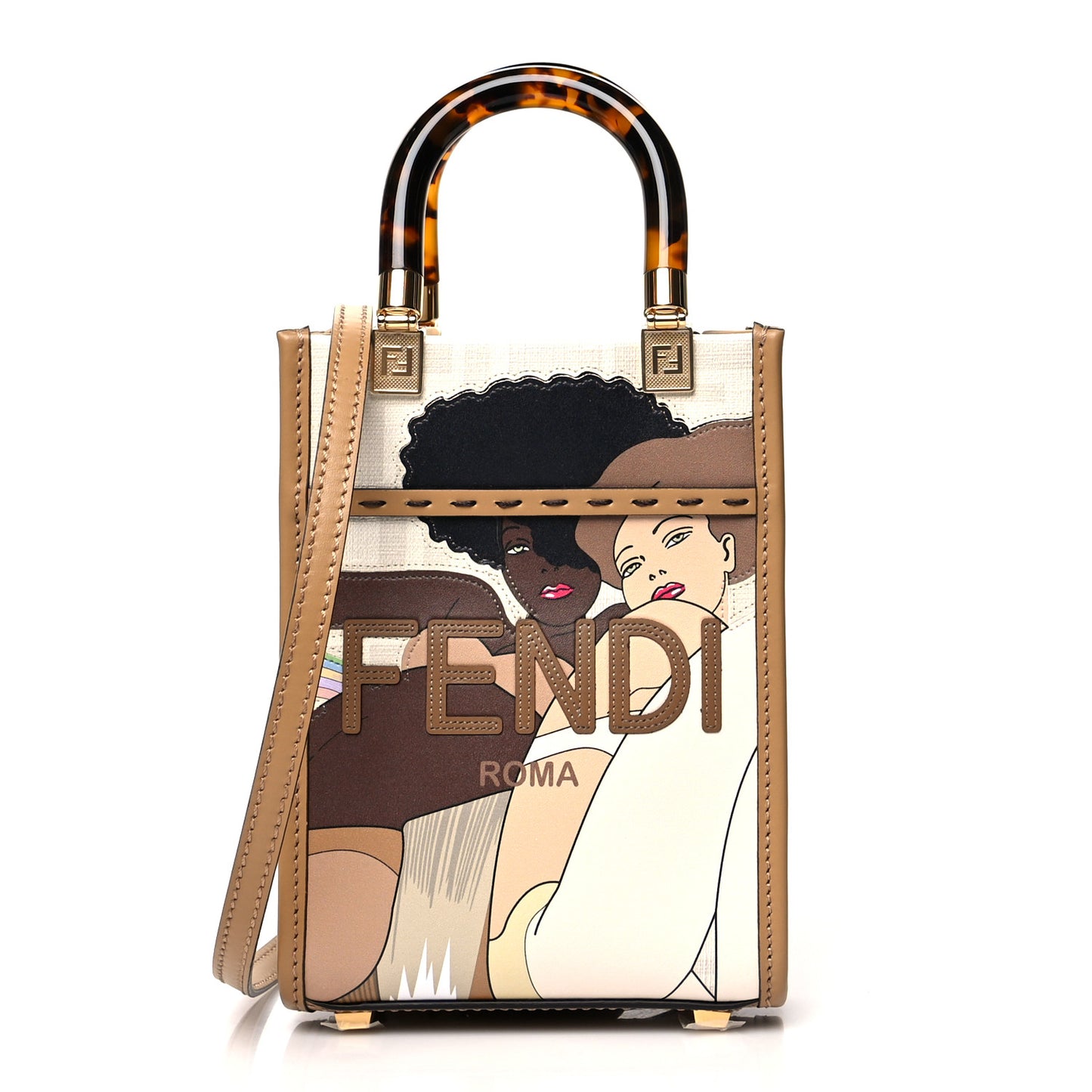 Glazed Fabric Plexiglass FF Logo Bikini Girls Mini Fendi Sunshine Shopper Tote Bianco Perla Multicolor Miele Scuro