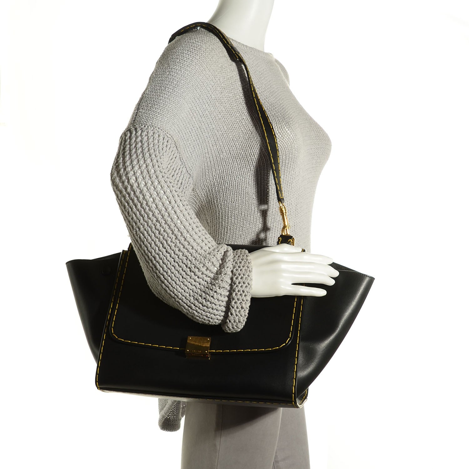 Celine Smooth Calfskin Yellow Stitching Medium Trapeze Black 2 of 9