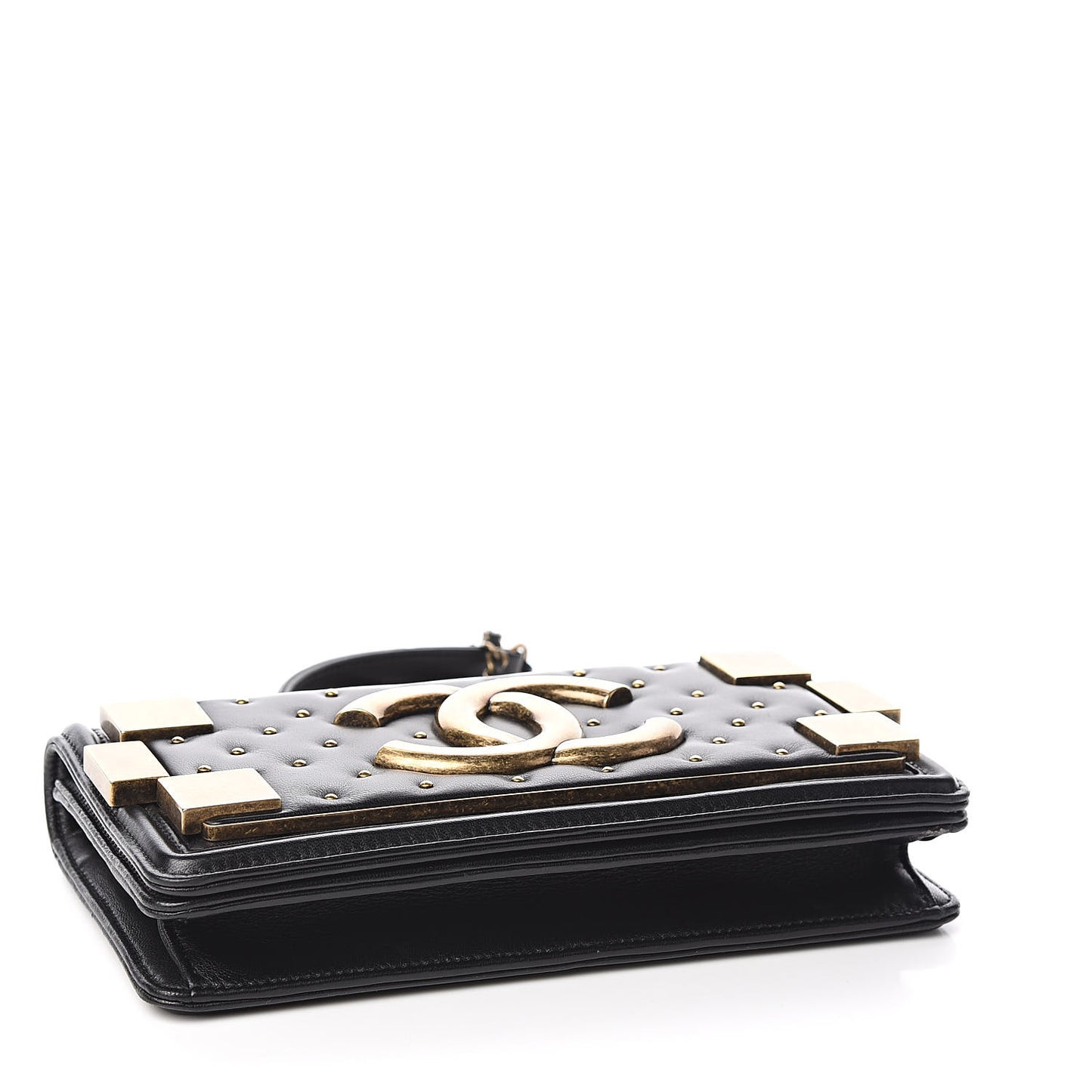 Lambskin Quilted Horizontal Boy Brick Studded Flap Black