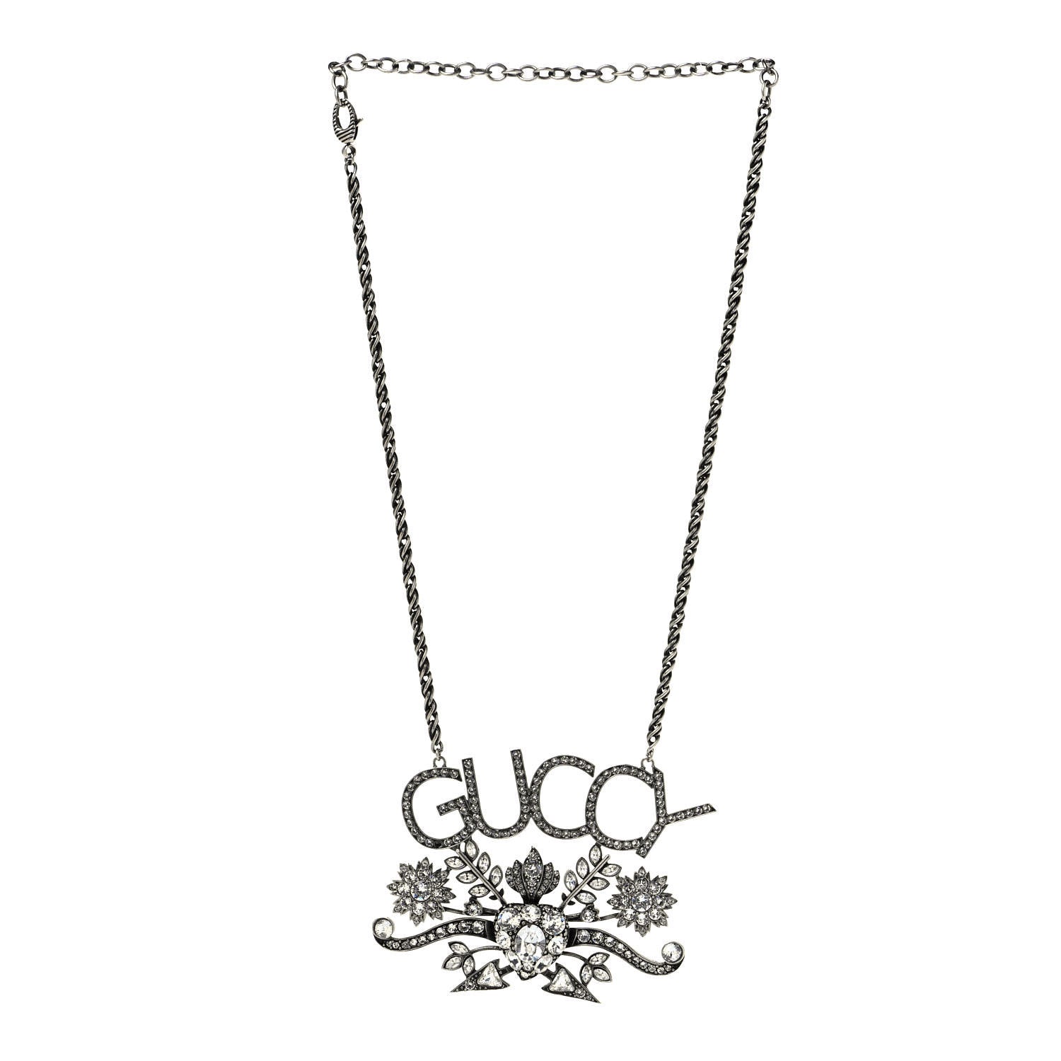 Gucci Metal Crystal Guccy Necklace Aged Silver 2 of 4