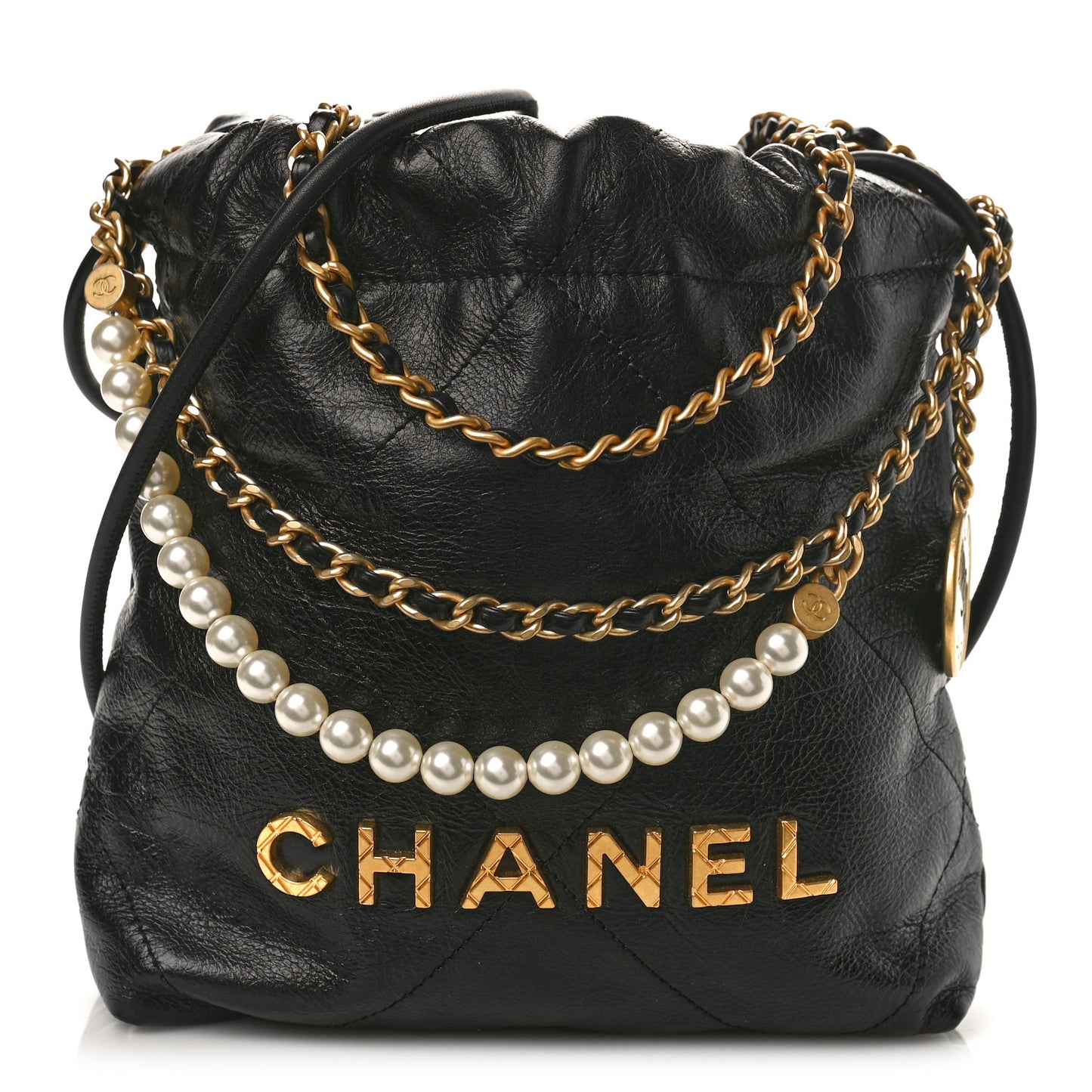 Shiny Crumpled Calfskin Quilted Pearl Mini Chanel 22 Black