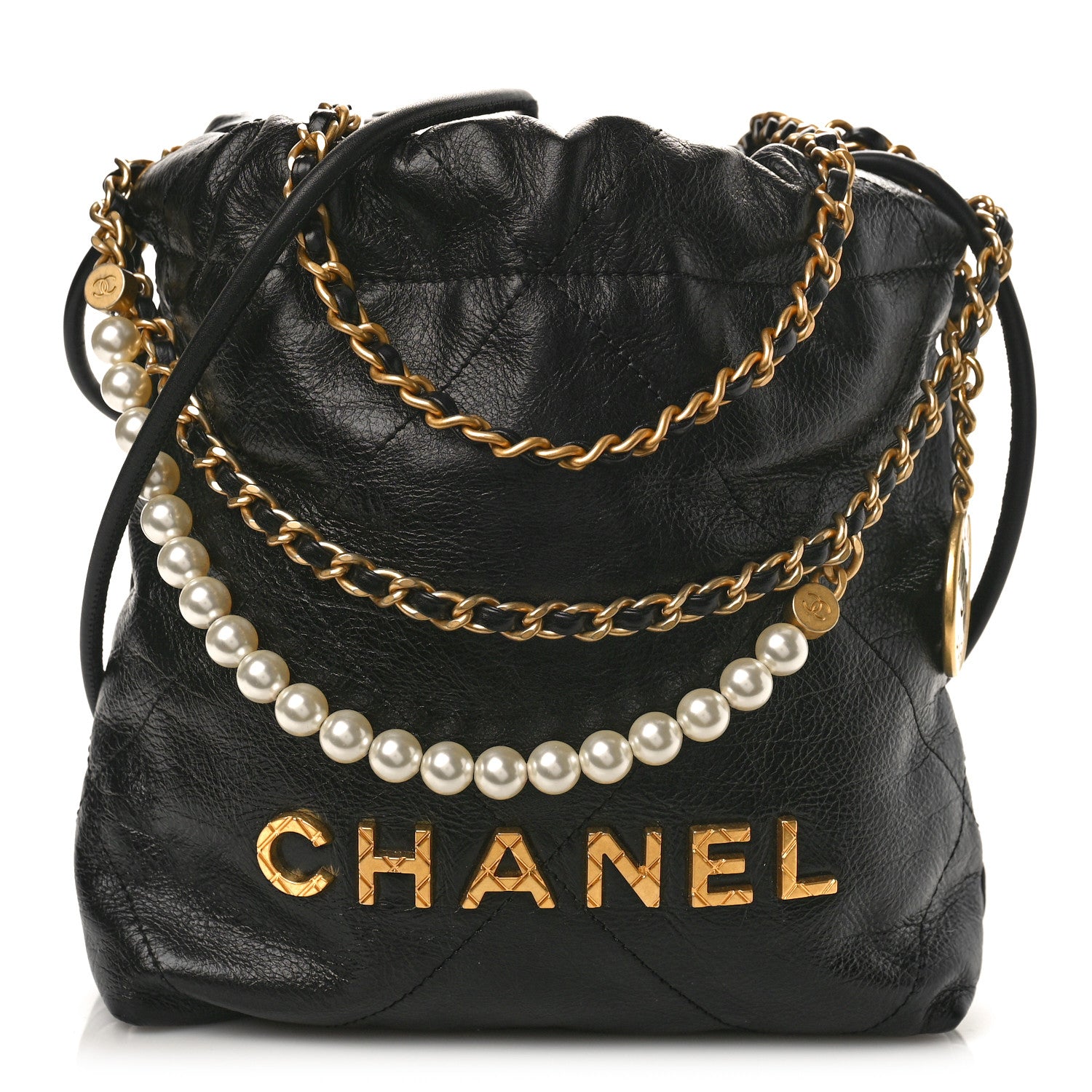 Chanel Shiny Crumpled Calfskin Quilted Pearl Mini Chanel 22 Black 1 of 9