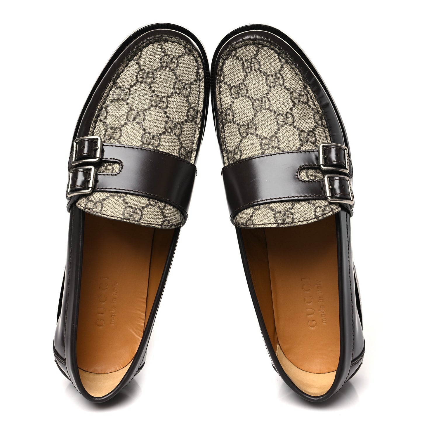 GG Supreme Monogram Mens Double Buckle Loafers 9 Beige Ebony Cocoa