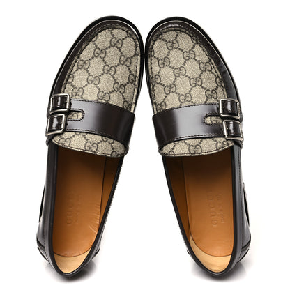 Gucci GG Supreme Monogram Mens Double Buckle Loafers 9 Beige Ebony Cocoa 2 of 10