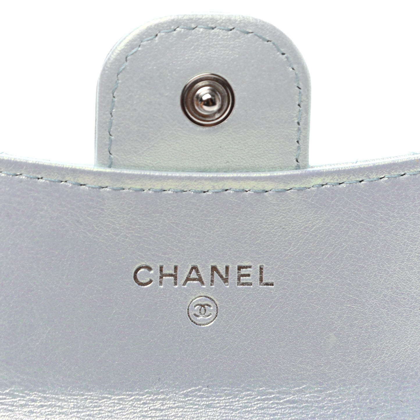 Iridescent Calfskin Quilted Flap Card Holder Light Blue