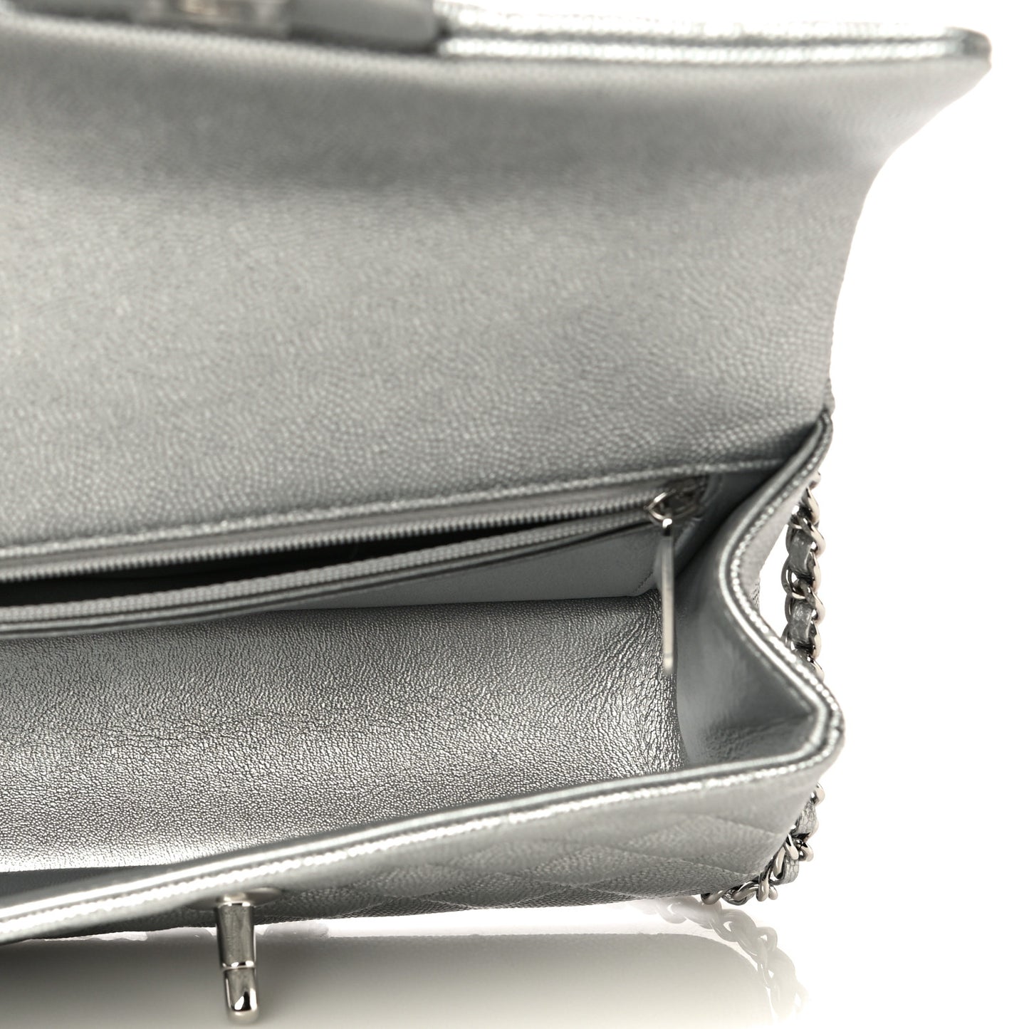 Metallic Caviar Quilted Mini Top Handle Rectangular Flap Silver
