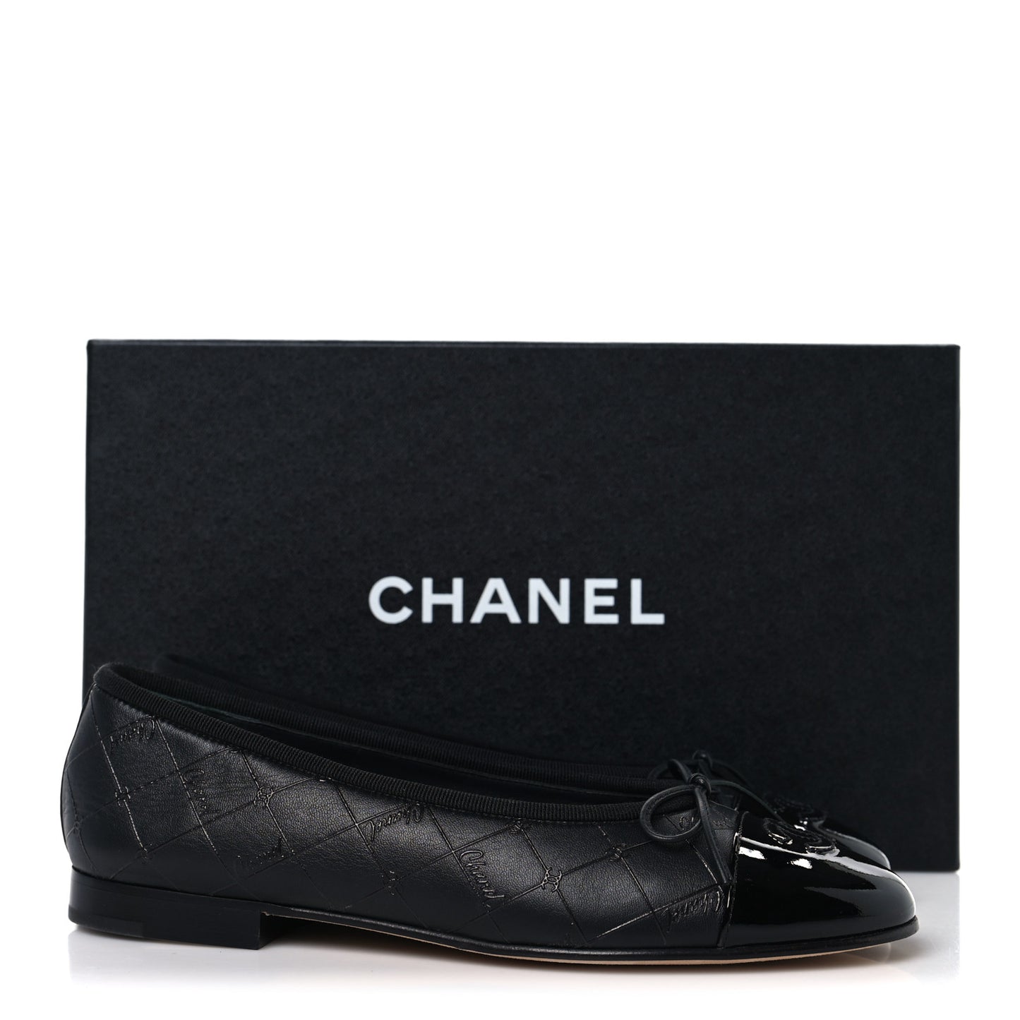 Printed Lambskin Patent Cap Toe Ballerina Flats 36 Black