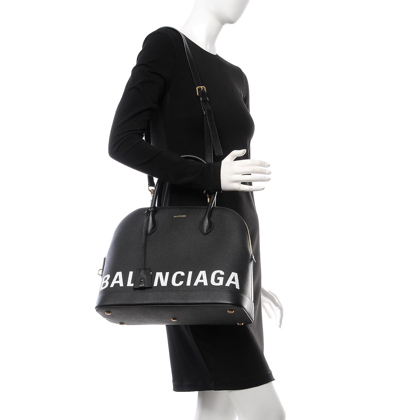 Signature Grained Calfskin Logo M Ville Top Handle Bag Black