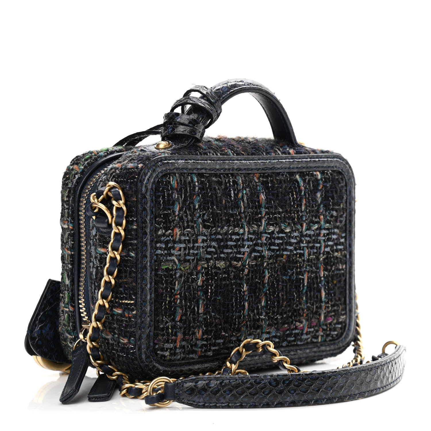 Chanel Tweed Snakeskin Quilted Small CC Filigree Vanity Case Navy Multicolor 2 of 10