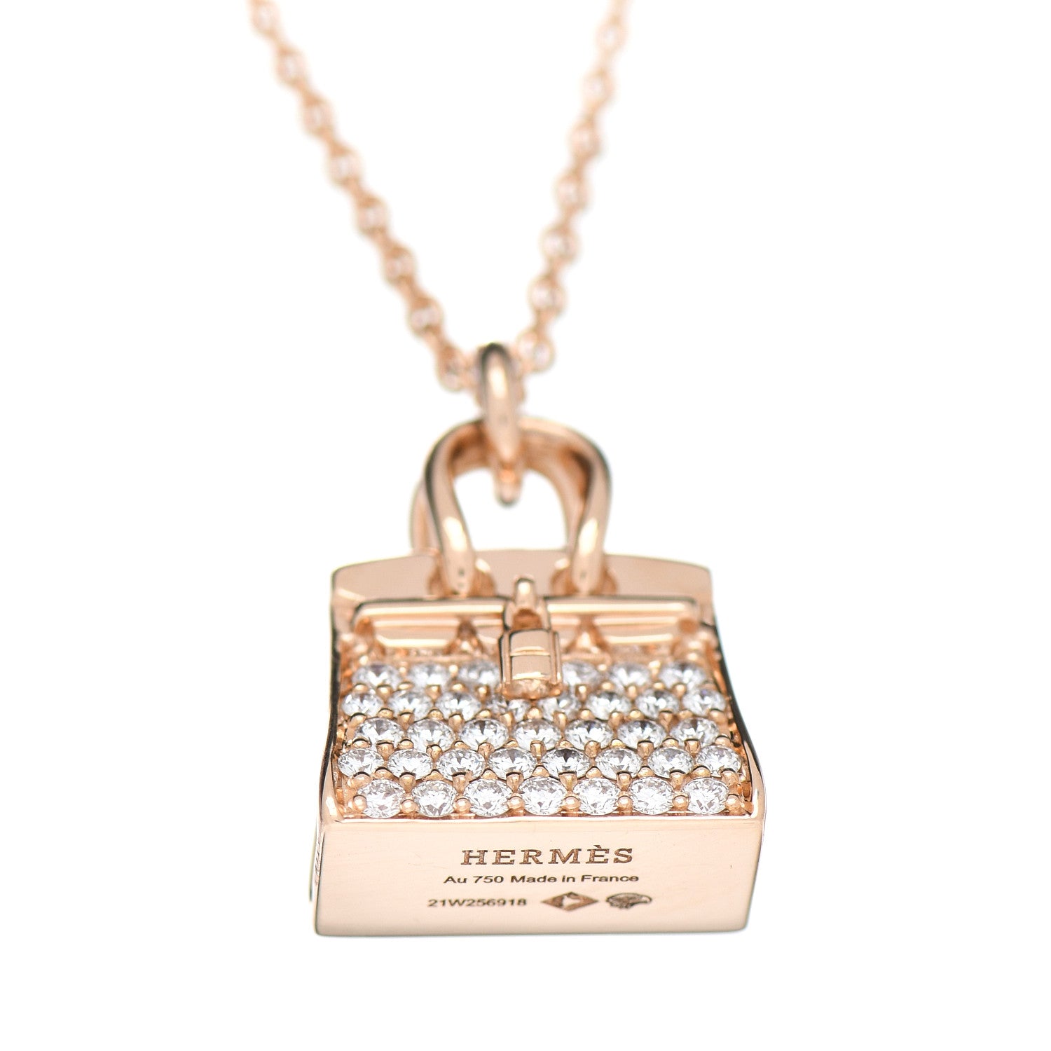 Hermes 18K Rose Gold Diamond Birkin Amulettes Pendant Necklace 5 of 5
