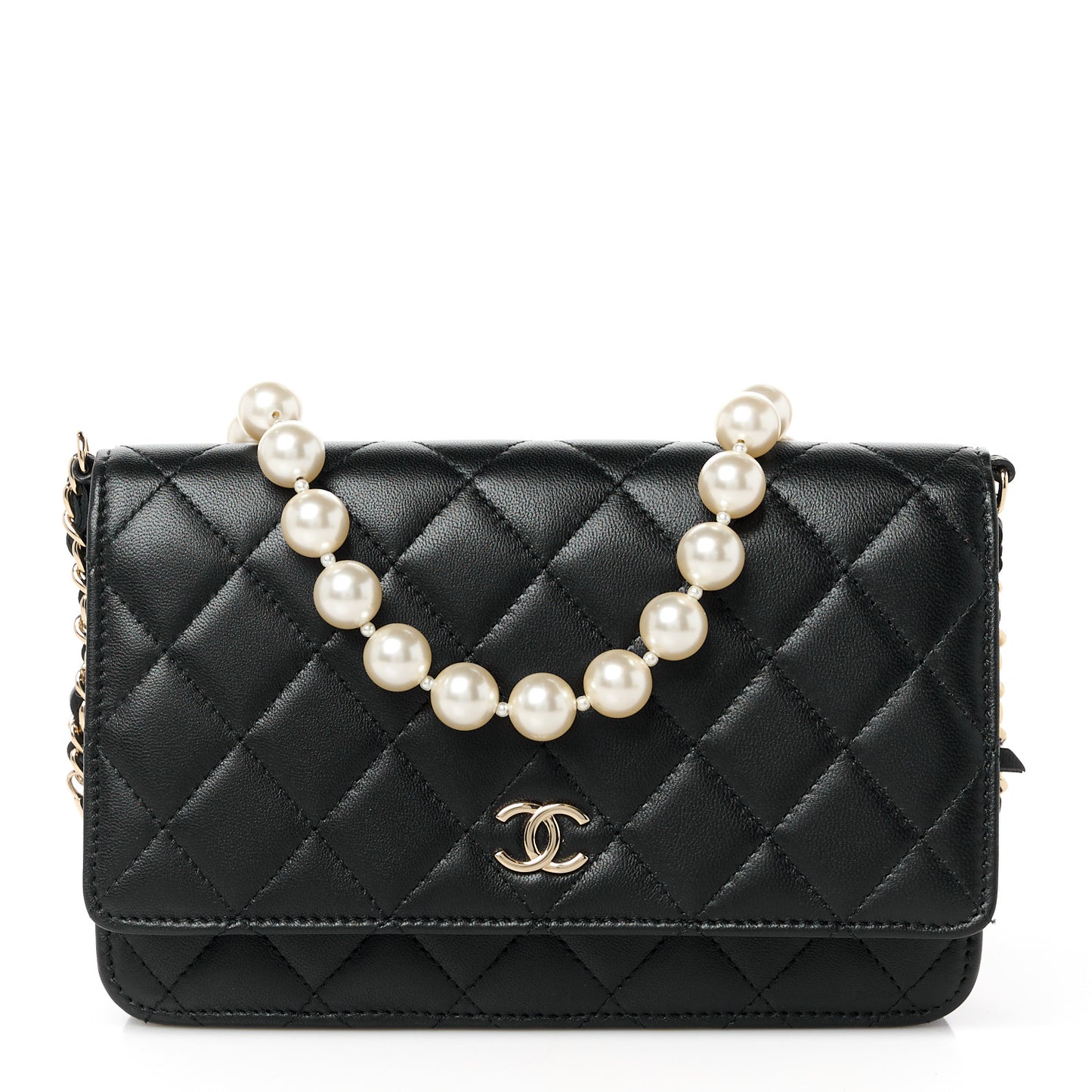 Lambskin Quilted Pearl Wallet On Chain WOC Black
