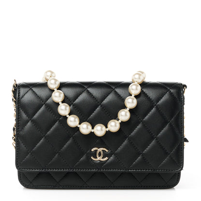 Chanel Lambskin Quilted Pearl Wallet On Chain WOC Black 1 of 12