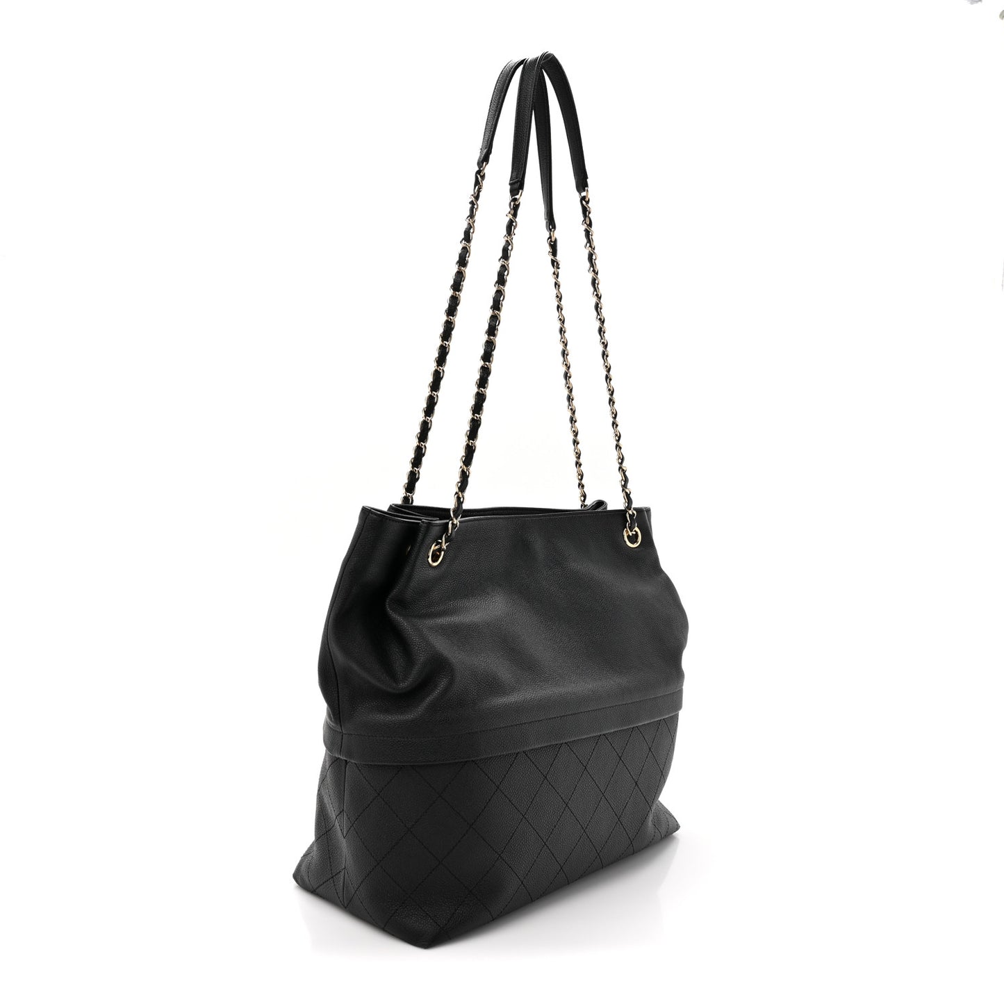 Crumpled Grained Calfskin Zip and Carry Shopping Tote Black