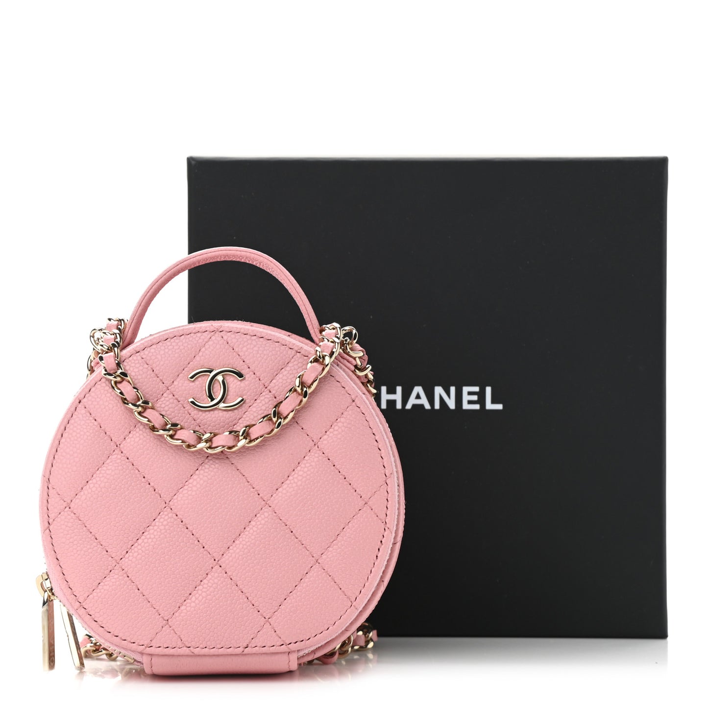 Caviar Quilted Round Handle With Care Vanity With Chain Pink