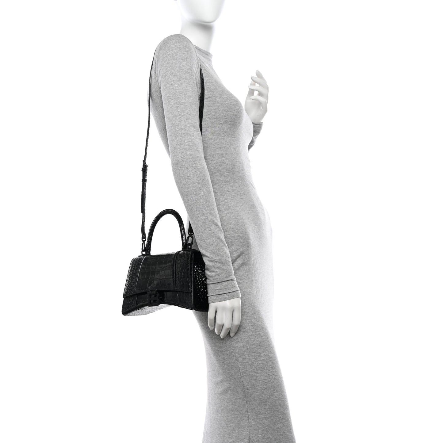 Shiny Calfskin Monochrome Crocodile Embossed Small Hourglass Top Handle Bag Black