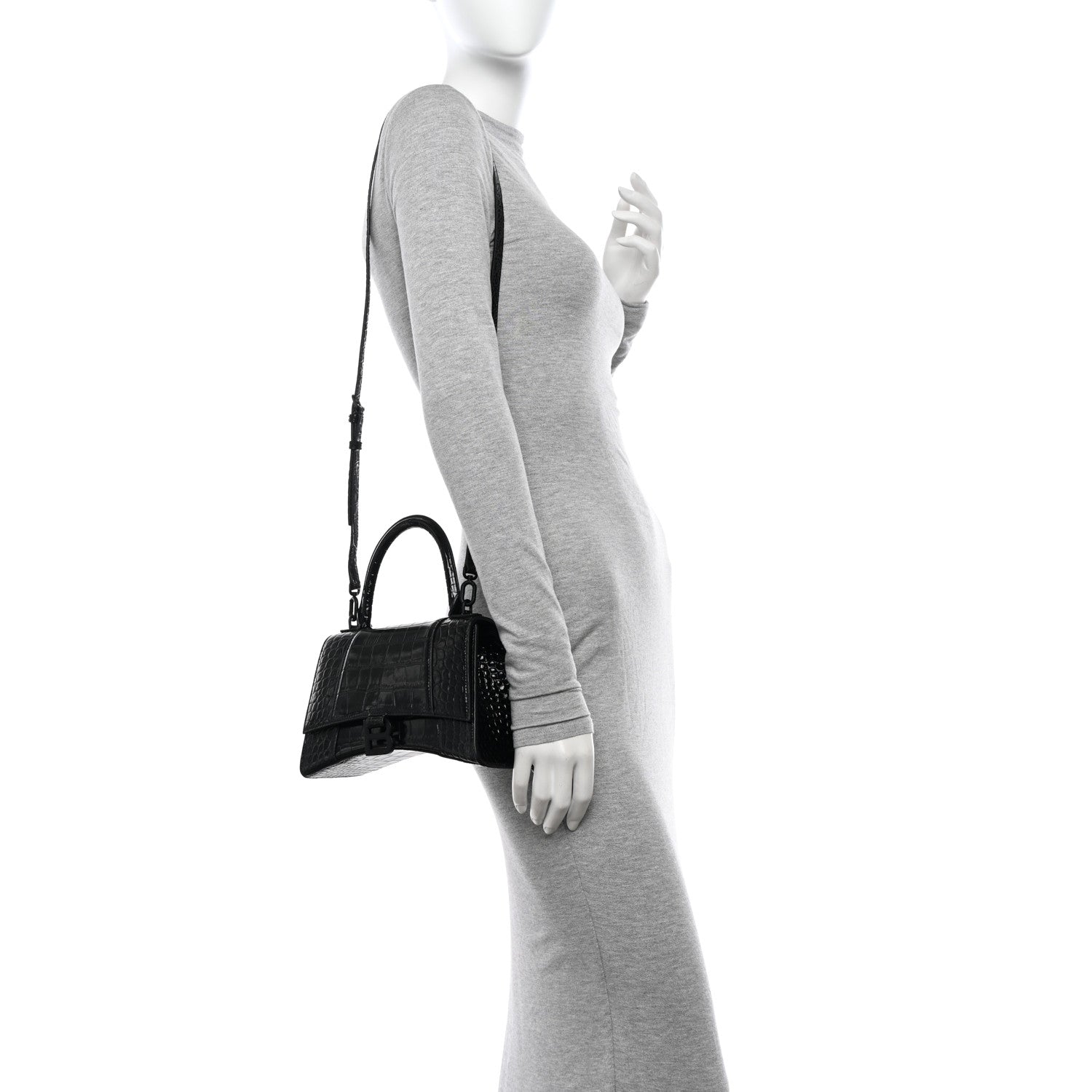 Balenciaga Shiny Calfskin Monochrome Crocodile Embossed Small Hourglass Top Handle Bag Black 2 of 11