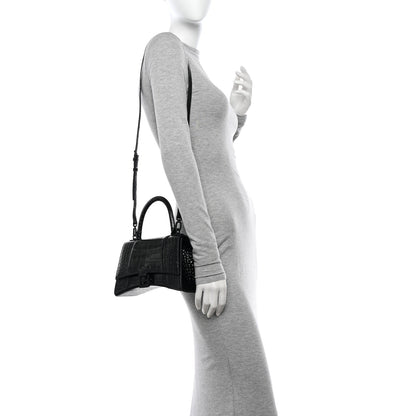 Balenciaga Shiny Calfskin Monochrome Crocodile Embossed Small Hourglass Top Handle Bag Black 2 of 11