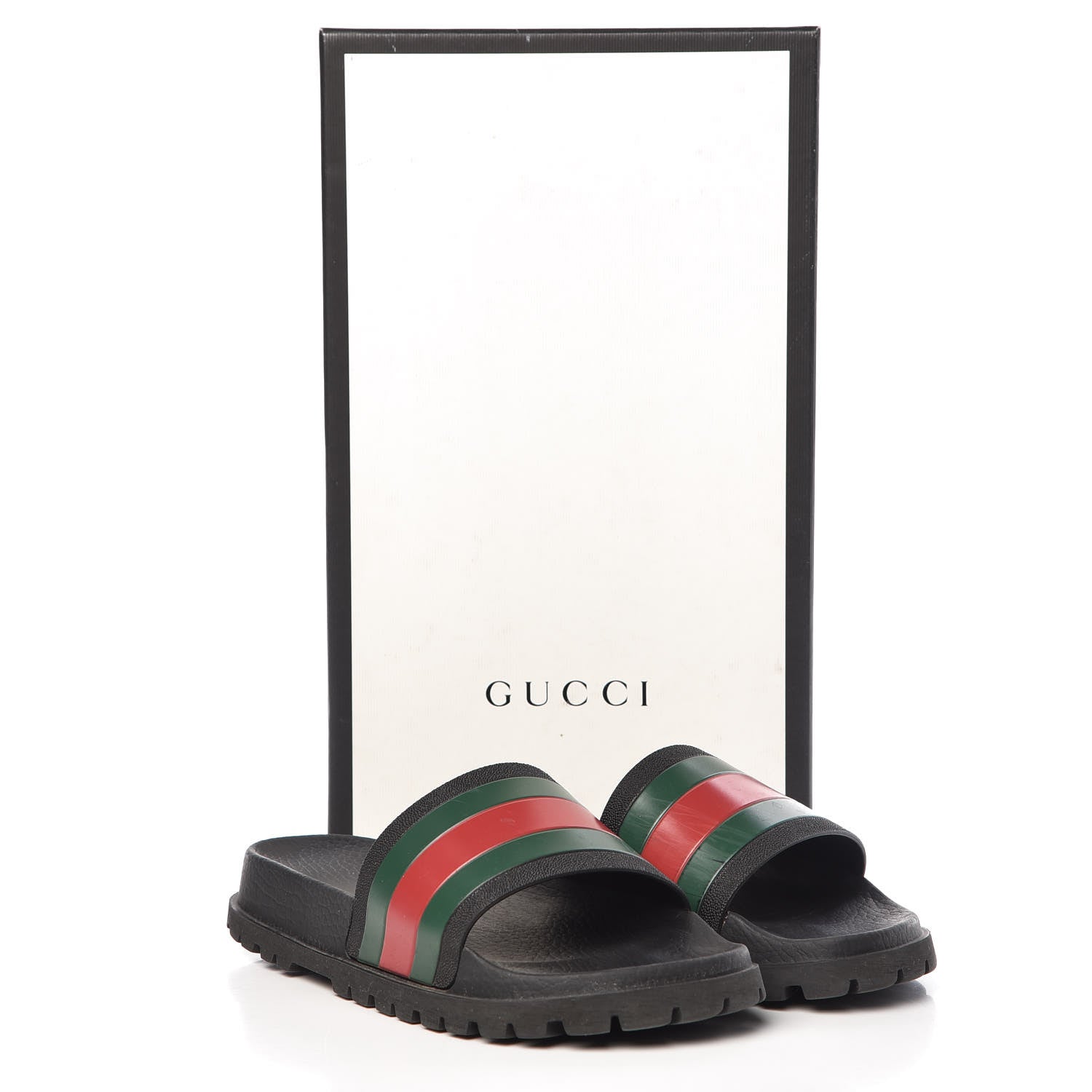 Gucci Rubber Web Mens Lug Sole Slide Sandals 5 Black Green Red 16 of 16